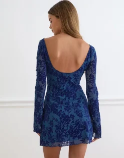 Bindara Mini Dress in Navy with Midnight Leaf Flock