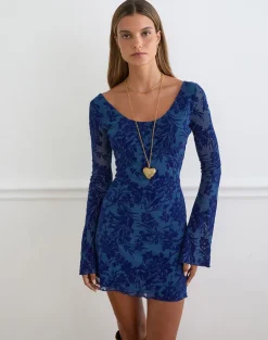 Bindara Mini Dress in Navy with Midnight Leaf Flock