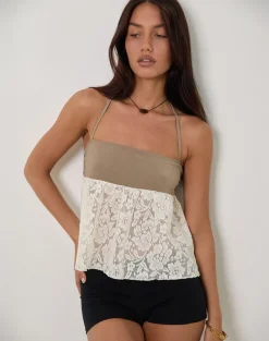 Bironita Halterneck Top in Ivory and Brown Lace Mix