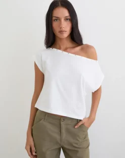 Bizzy Top with Studded Neckline in Off White