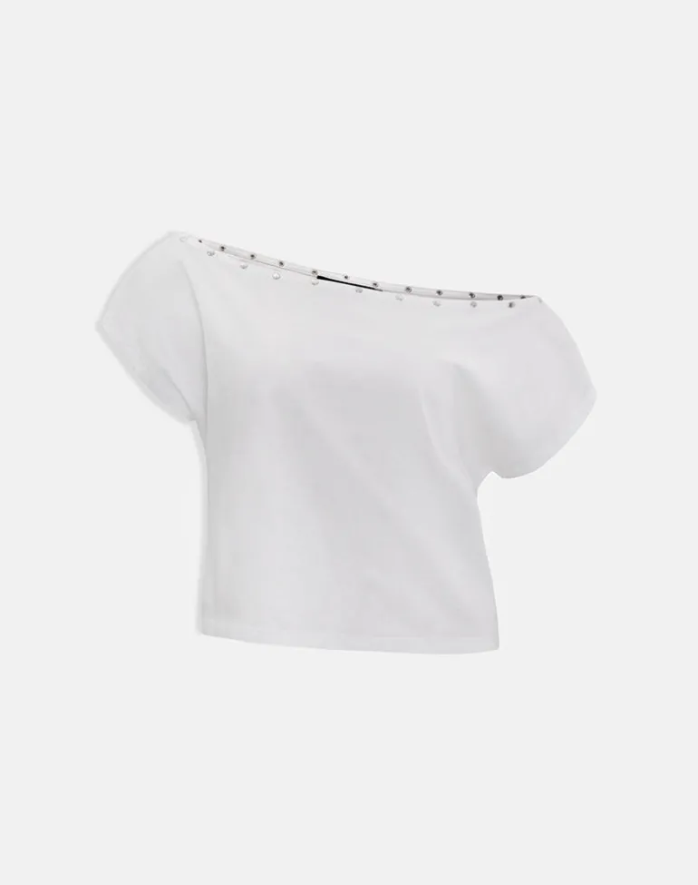 Bizzy Top with Studded Neckline in Off White