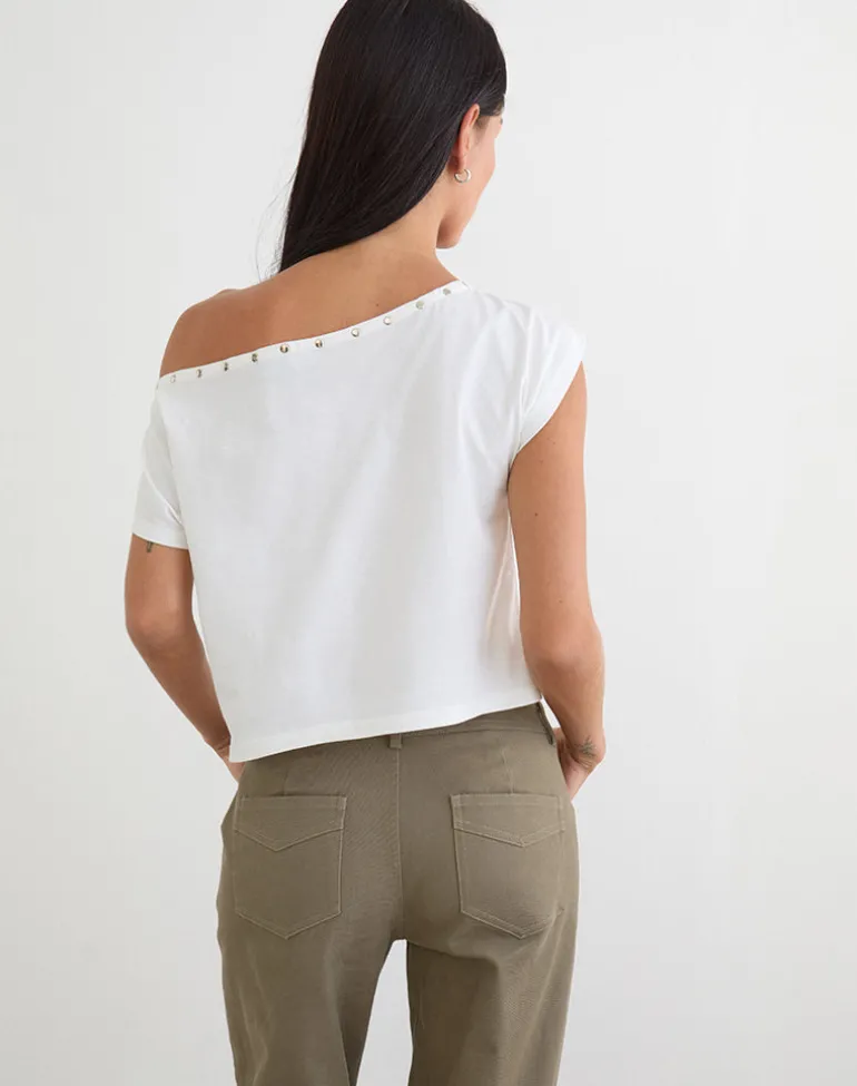 Bizzy Top with Studded Neckline in Off White