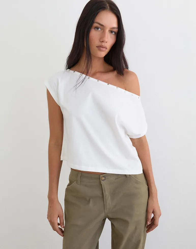 Bizzy Top with Studded Neckline in Off White