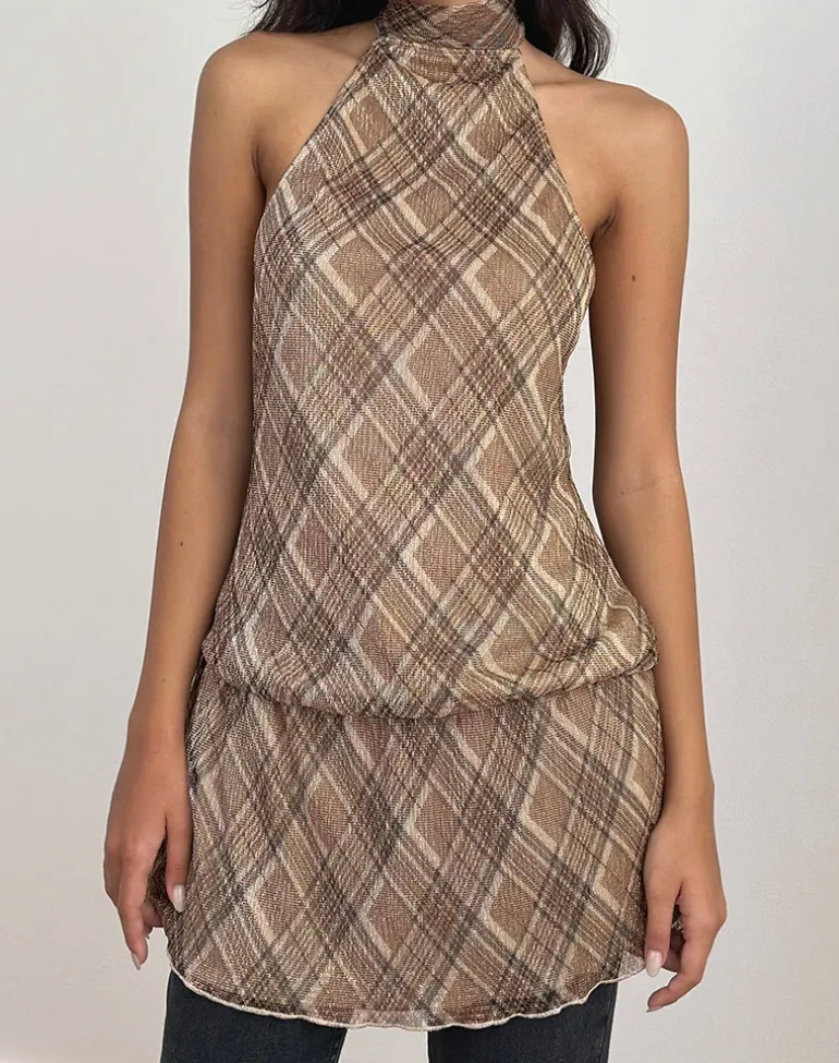 Briani Halterneck Dress in Check Plisse Brown