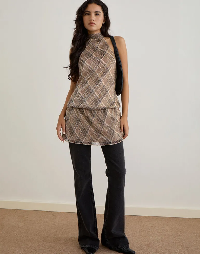 Briani Halterneck Dress in Check Plisse Brown