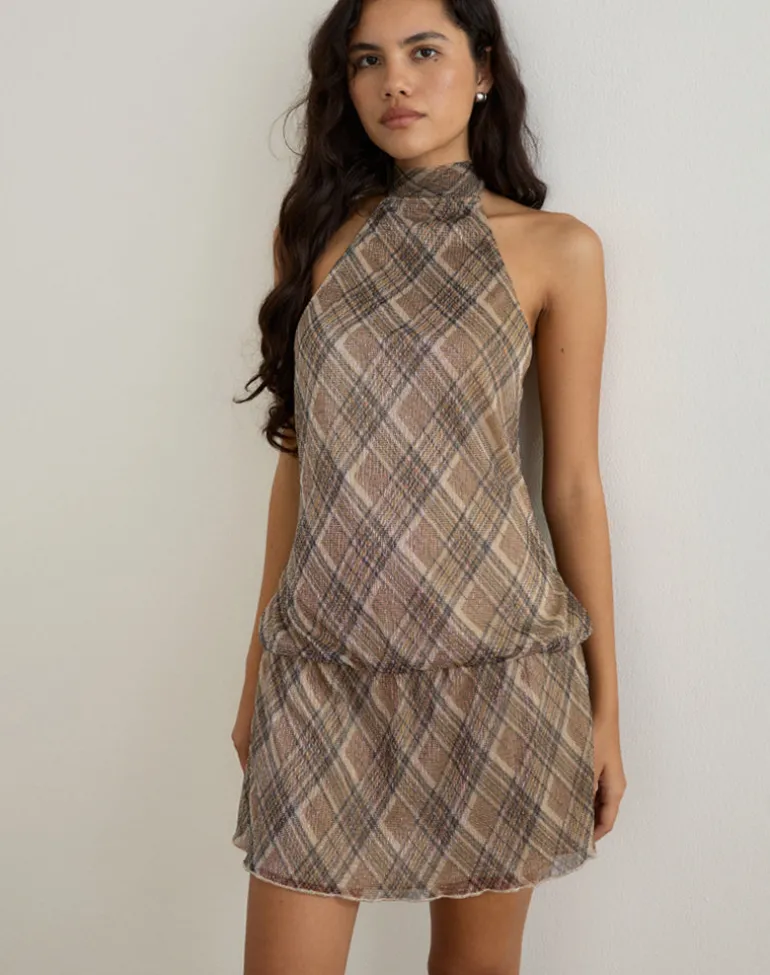Briani Halterneck Dress in Check Plisse Brown