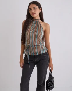 Brienne Top in Blue and Brown Shimmer Sheer Plisse