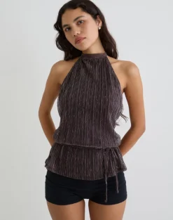 Brienne Top in Brown Shimmer Sheer Plisse