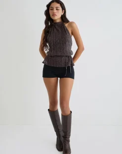 Brienne Top in Brown Shimmer Sheer Plisse