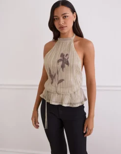 Brienne Top in Light Gold Shimmer with Slim Flower Print