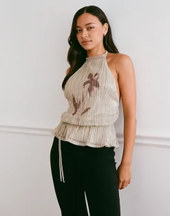 Brienne Top in Light Gold Shimmer with Slim Flower Print
