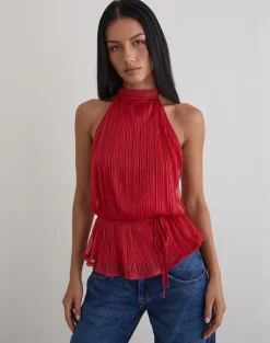 Brienne Top in Shimmer Plisse Red
