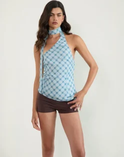 Briva Neck Tie Top in Blurred Check Blue