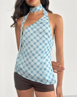 Briva Neck Tie Top in Blurred Check Blue