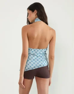 Briva Neck Tie Top in Blurred Check Blue