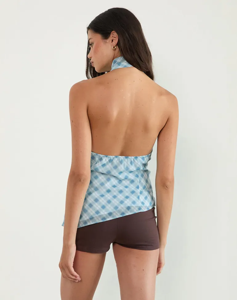 Briva Neck Tie Top in Blurred Check Blue
