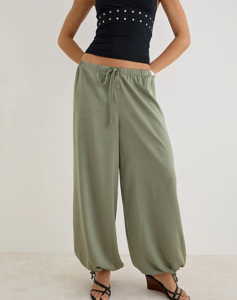 Brizid Balloon Trouser in Crinkle Satin Khaki