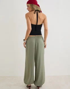 Brizid Balloon Trouser in Crinkle Satin Khaki