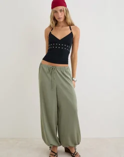 Brizid Balloon Trouser in Crinkle Satin Khaki
