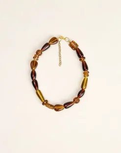 Brown and Yellow Glass Beaded Gold Plated Necklace