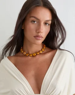 Brown Square Beaded Gold Plated Necklace