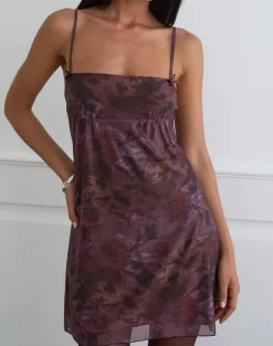 Bublik Mini Dress in Mesh Blurry Floral Burgundy