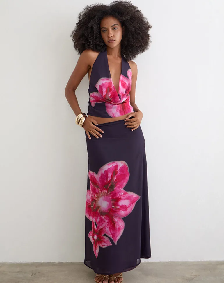 Bujau Plunge Cowl Neck Top in Purple Chiffon with Desert Flower