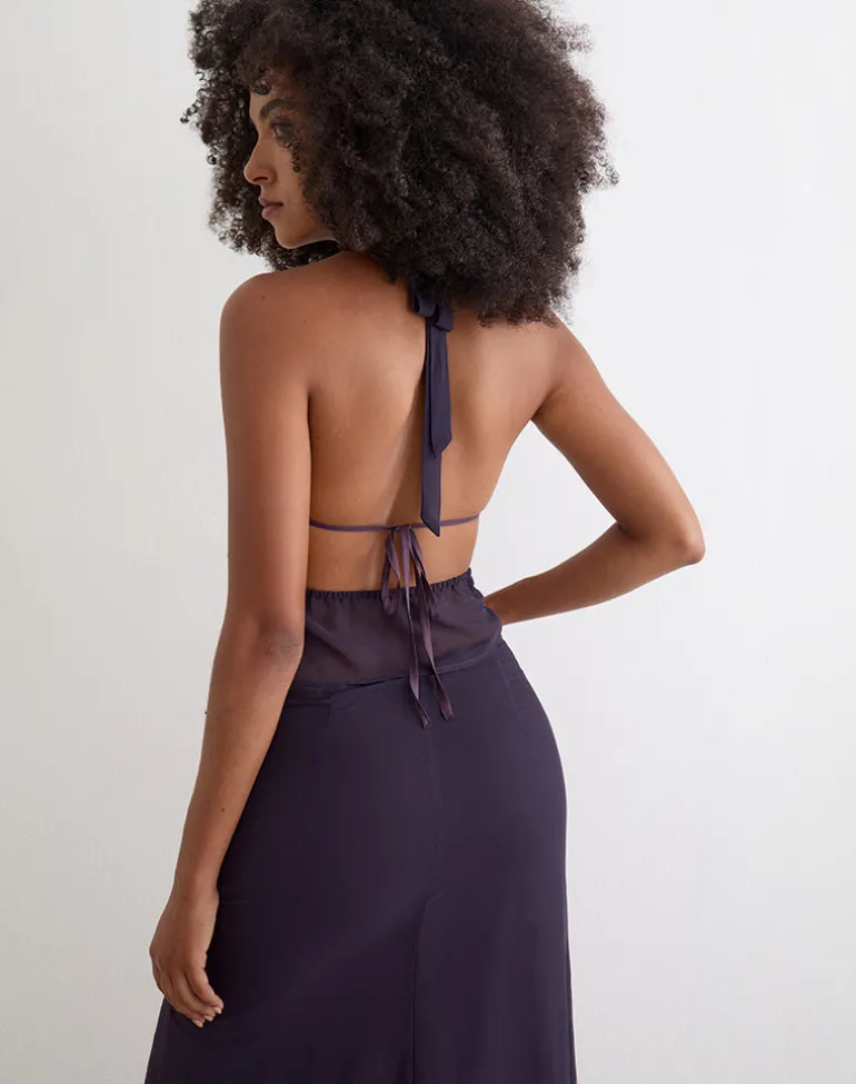 Bujau Plunge Cowl Neck Top in Purple Chiffon with Desert Flower