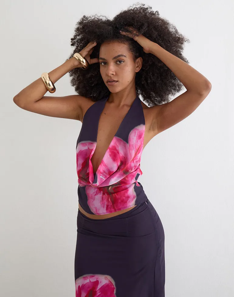 Bujau Plunge Cowl Neck Top in Purple Chiffon with Desert Flower