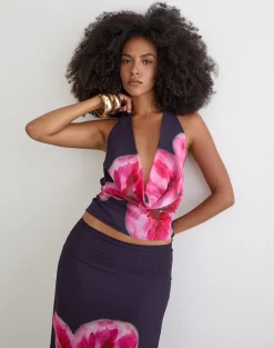 Bujau Plunge Cowl Neck Top in Purple Chiffon with Desert Flower