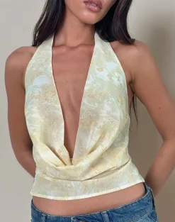 Bujau Plunge Cowl Neck Top in Smudge Floral Yellow