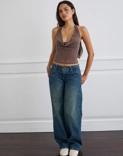 Bujou Cowl Top in Diagonal Stripe Flocked Brown and Cream