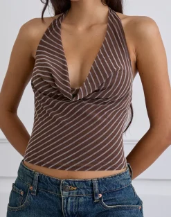 Bujou Cowl Top in Diagonal Stripe Flocked Brown and Cream