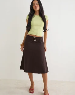 Cabot Midi Skirt with Belt in Cotton Twill Bitter Chocolate