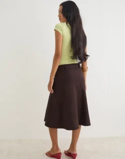 Cabot Midi Skirt with Belt in Cotton Twill Bitter Chocolate