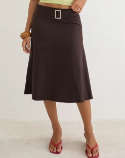 Cabot Midi Skirt with Belt in Cotton Twill Bitter Chocolate