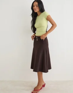 Cabot Midi Skirt with Belt in Cotton Twill Bitter Chocolate