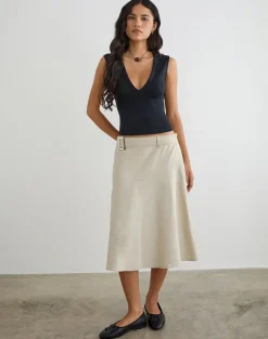 Cabot Midi Skirt with Belt in Cotton Twill Latte
