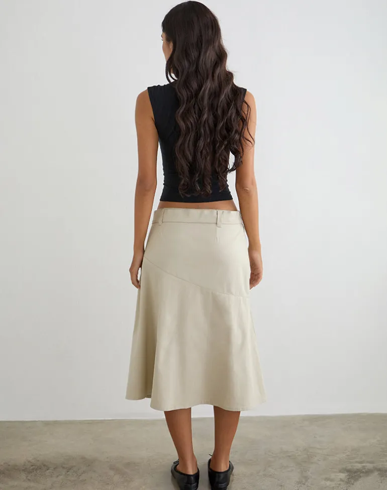 Cabot Midi Skirt with Belt in Cotton Twill Latte