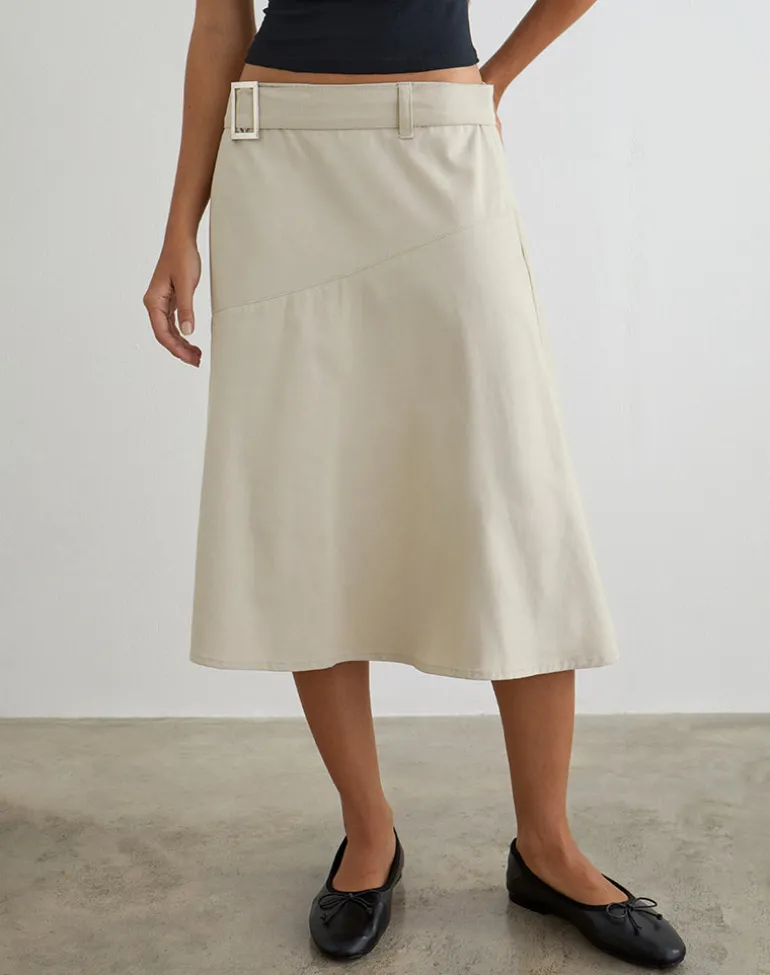 Cabot Midi Skirt with Belt in Cotton Twill Latte
