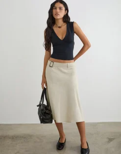 Cabot Midi Skirt with Belt in Cotton Twill Latte