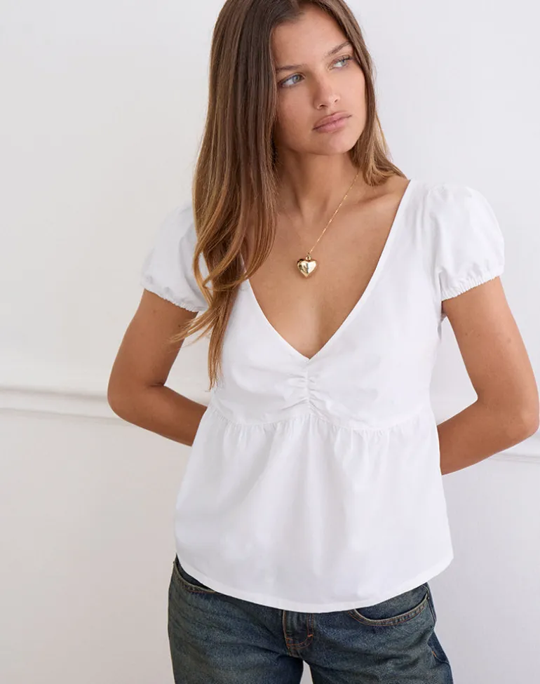 Caixia V Neck Blouse in Poplin White