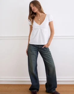 Caixia V Neck Blouse in Poplin White