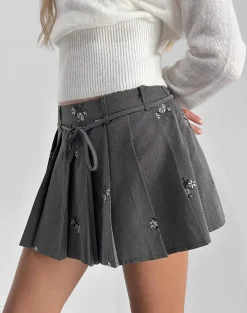 Calina Skirt in Floral Embroidery Tailoring Charcoal