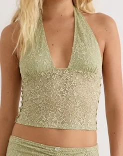 Calora Top in Stretch Lace Sage with Pearl Button