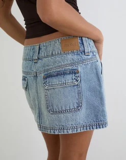 Cargo Denim Mini Skirt in Vintage Blue Wash