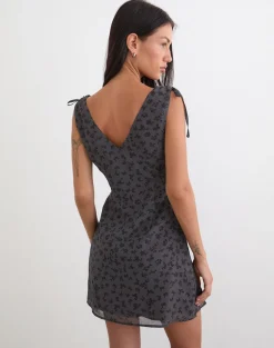 Carmila Gathered Mini Dress in Minimal Flower Dark Grey