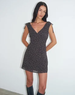 Carmila Gathered Mini Dress in Minimal Flower Dark Grey