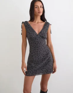 Carmila Gathered Mini Dress in Minimal Flower Dark Grey