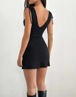Carmila Gathered Mini Dress in Jersey Black
